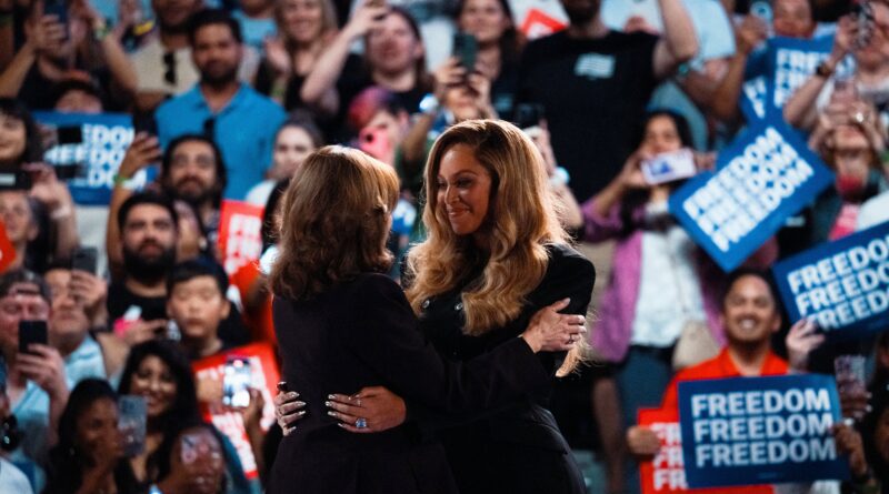 Kamala Harris hugs Beyonce at a campaign rally on October 25, 2024 in Houston, Texas. The many celebrity endorsements didn't seem to help the vice president