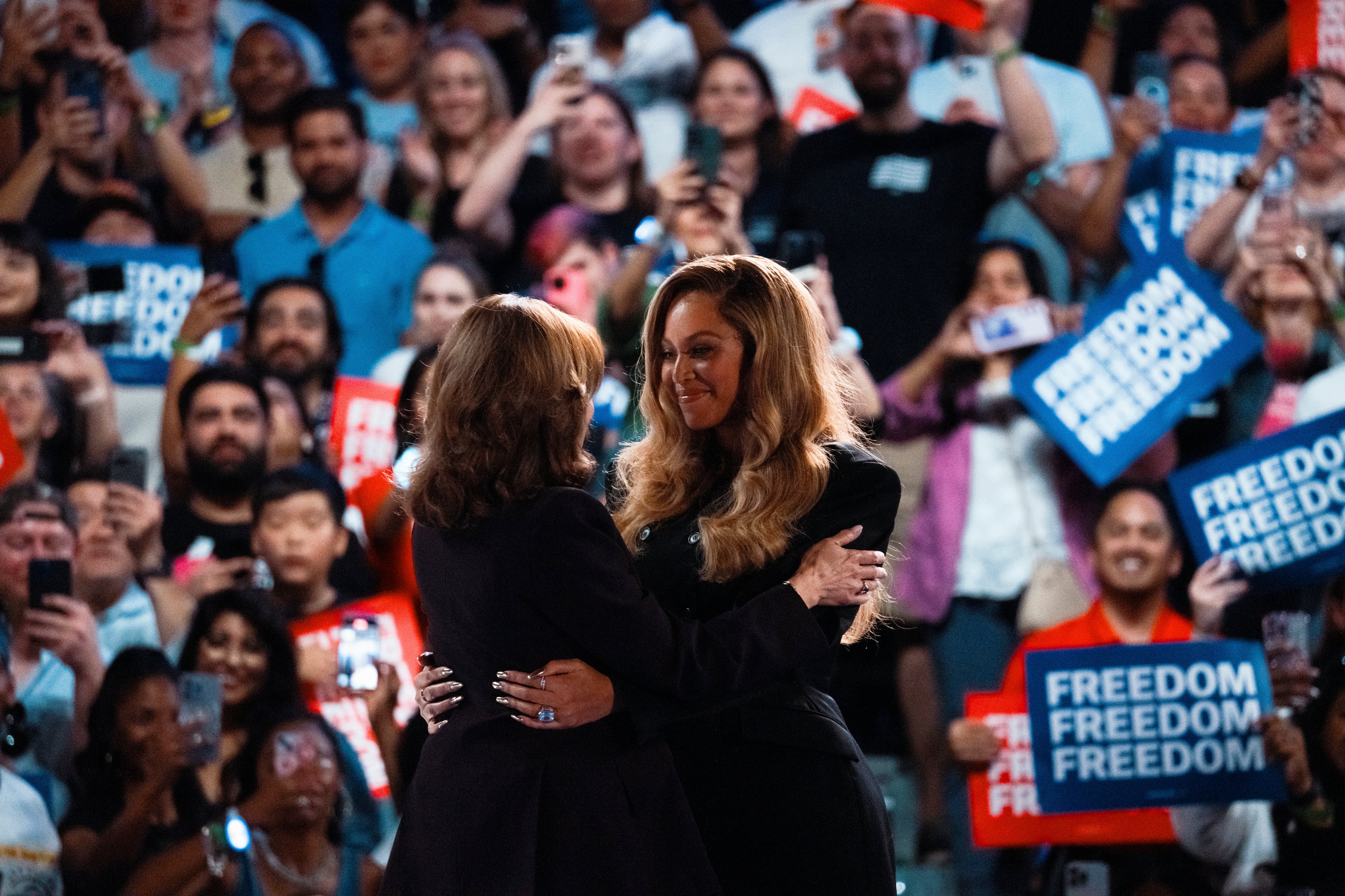 Kamala Harris hugs Beyonce at a campaign rally on October 25, 2024 in Houston, Texas. The many celebrity endorsements didn't seem to help the vice president